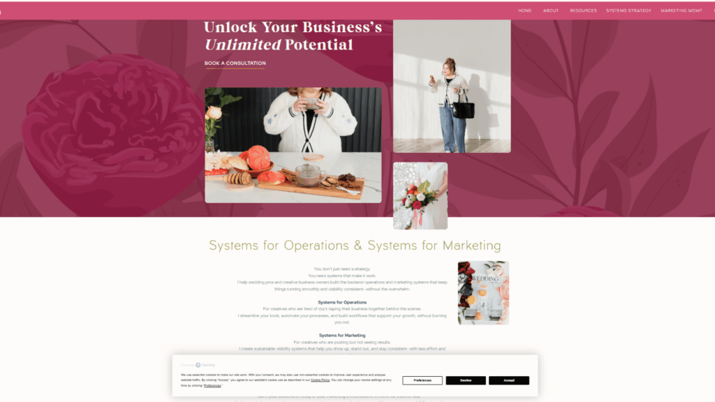 Boda Bliss website showing services for marketing systems and operations support, including marketing management and systems strategy.