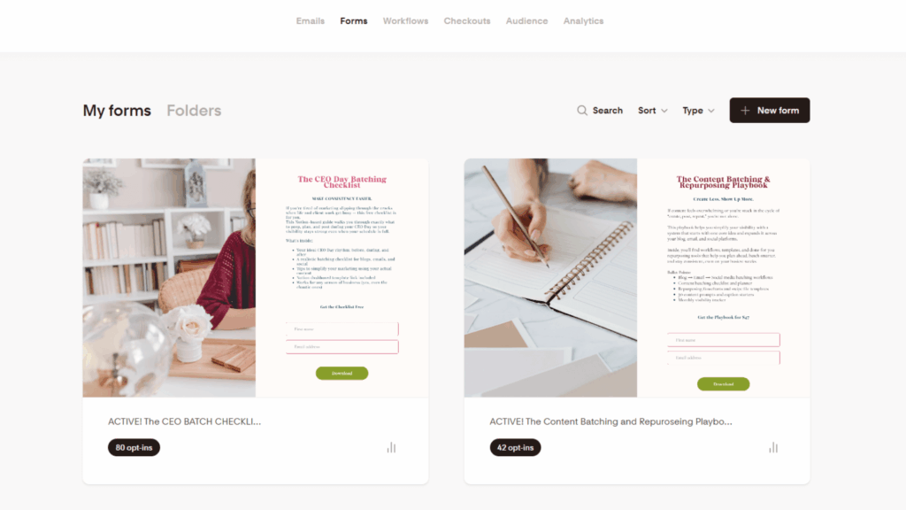 Freebie signup forms for the CEO Day Batching Checklist and the Content Batching Playbook, tools that help small businesses streamline content marketing.