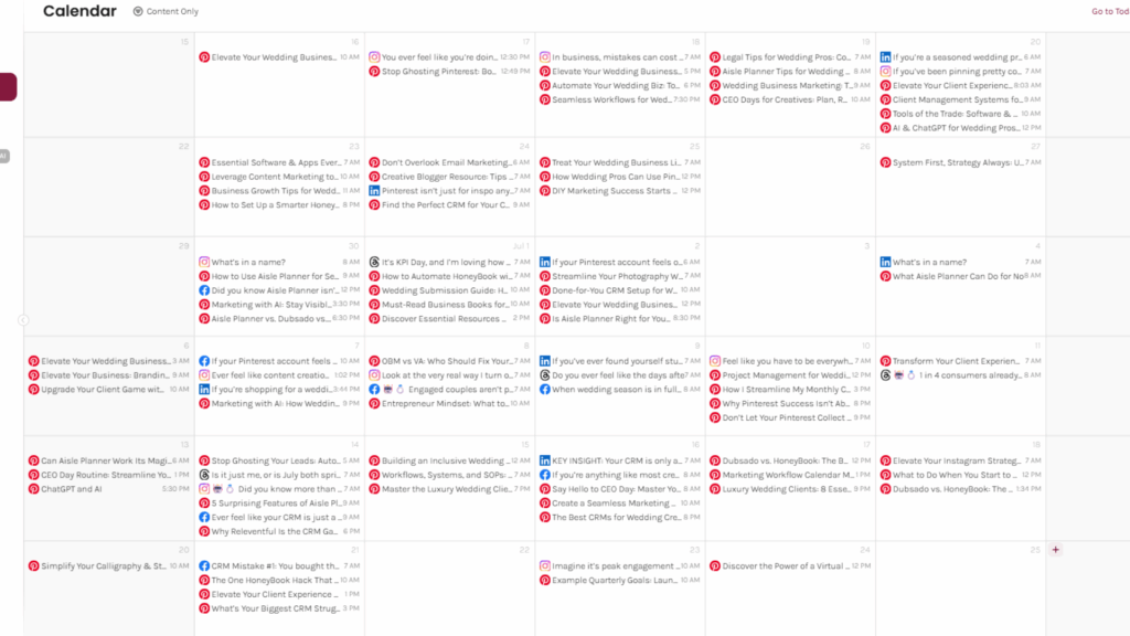 Enji's content calendar filled with scheduled blog posts and social media ideas, an example of marketing planning tools for small business owners.