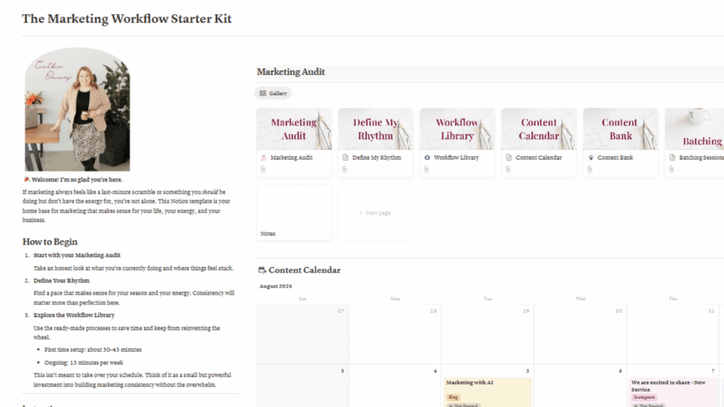 Marketing Workflow Starter Kit template inside Notion showing audit, workflow library, and content calendar for small business marketing systems.