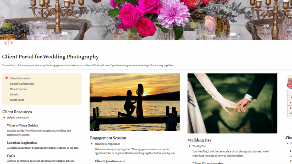 Notion client portal built for wedding professionals to streamline business systems