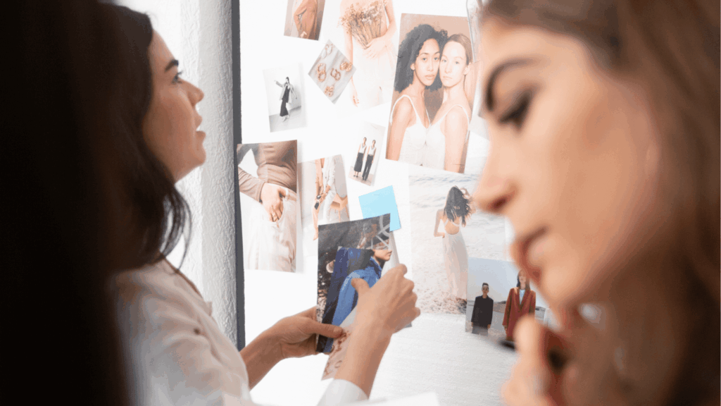 A wedding planner curates an inspiration board with diverse, inclusive images of couples, fashion, and design ideas. The scene highlights Gen Z wedding planning trends and a Pinterest strategy for creative business owners focused on visual storytelling and brand aesthetics.