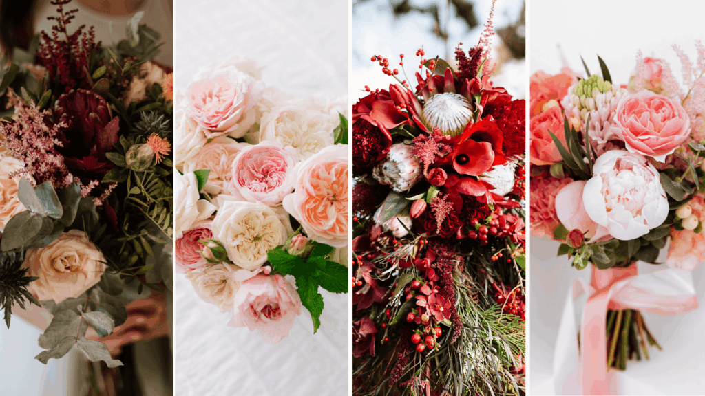 A collage of four seasonal wedding bouquets showcasing a Pinterest strategy for wedding pros. Includes vibrant orange and pink dahlias, blush garden roses, deep red proteas, and pastel peonies tied with ribbon. Each bouquet reflects trending wedding colors and floral design ideas for different seasons.