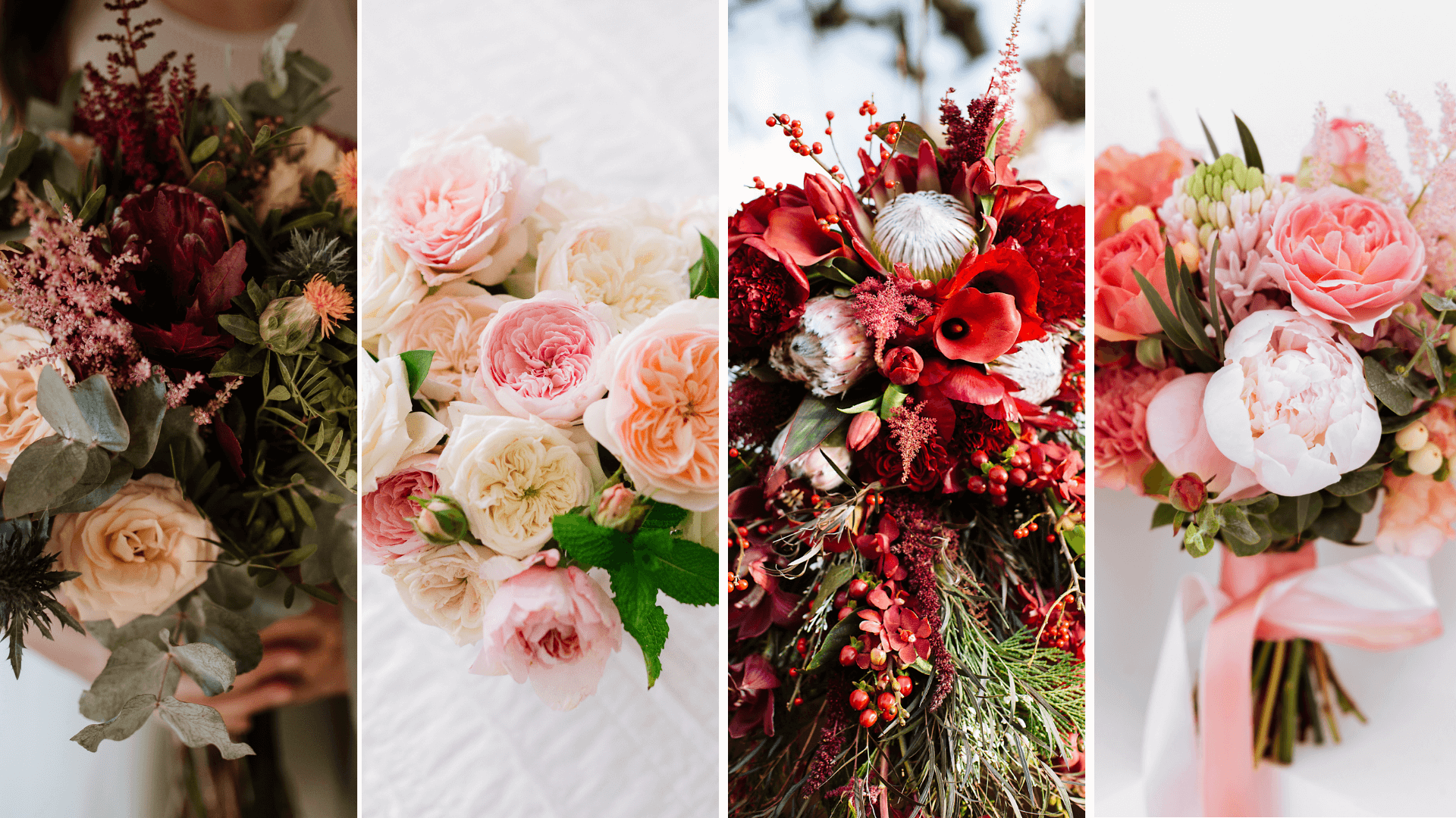 A collage of four seasonal wedding bouquets featuring vibrant floral styles: orange and pink dahlias, blush garden roses, bold red proteas, and pastel peonies with ribbon. Each bouquet highlights unique textures, colors, and seasonal flower trends for weddings.