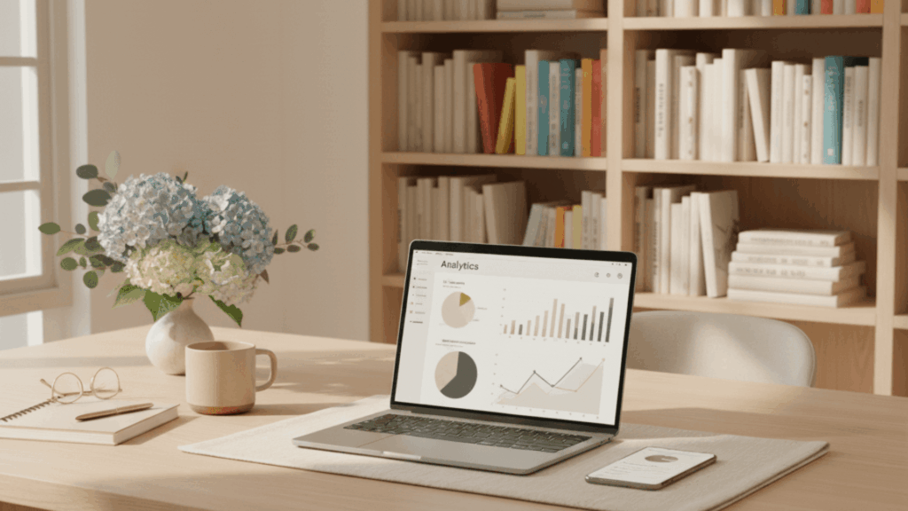 Laptop showing marketing analytics on a clean workspace with flowers, glasses, and notebooks during a Marketing Health Check review.