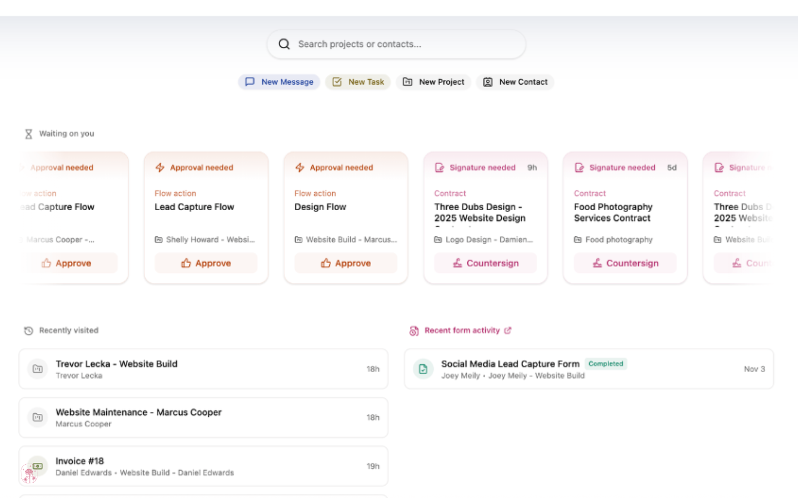 Dubsado 3.0 dashboard showing workflow approvals, signature requests, recent projects, and updated navigation layout.