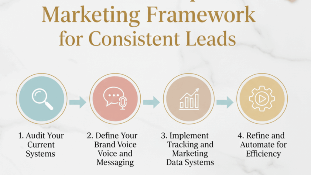 Four step marketing framework for wedding professionals showing how systems support consistent leads.