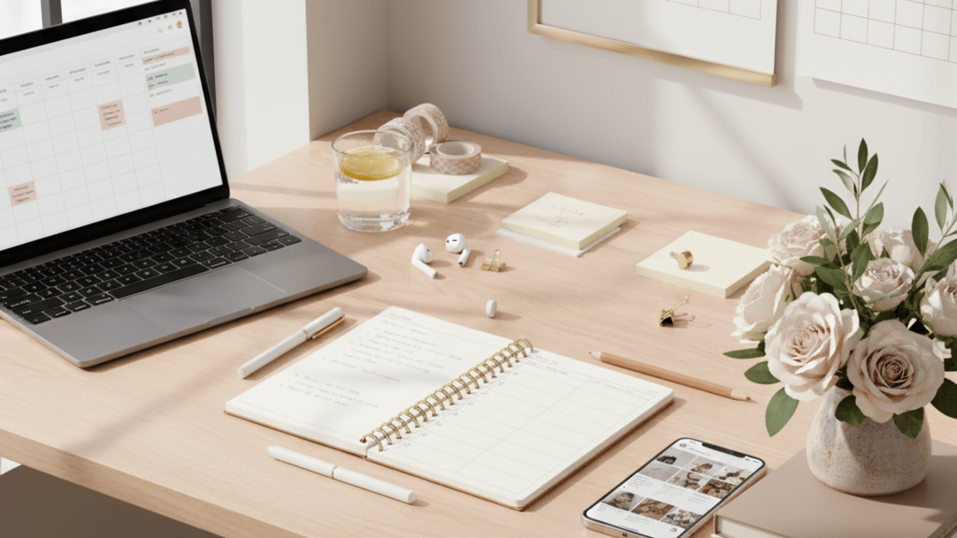 Workspace showing a laptop, planner, notes, and flowers arranged neatly as part of a marketing operations setup for wedding professionals and creatives.