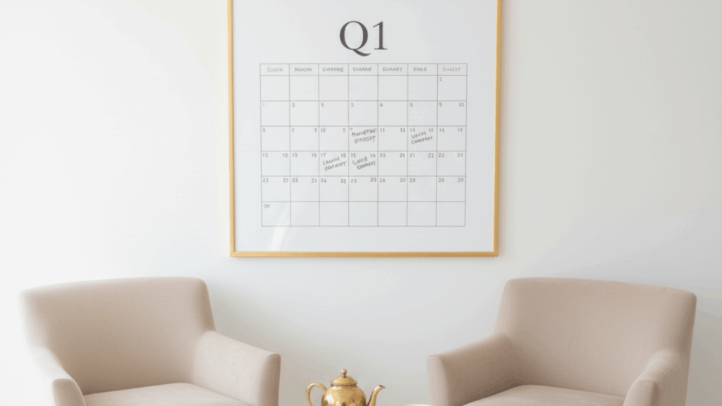 Quarterly planning calendar used by wedding professionals to organize marketing systems and stay consistent.