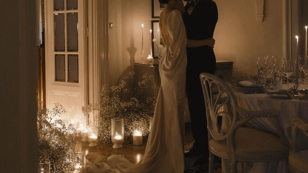 Minimalist couple styling inspired by the 90s wedding aesthetic, featuring clean lines and understated elegance popular in 2026 weddings.