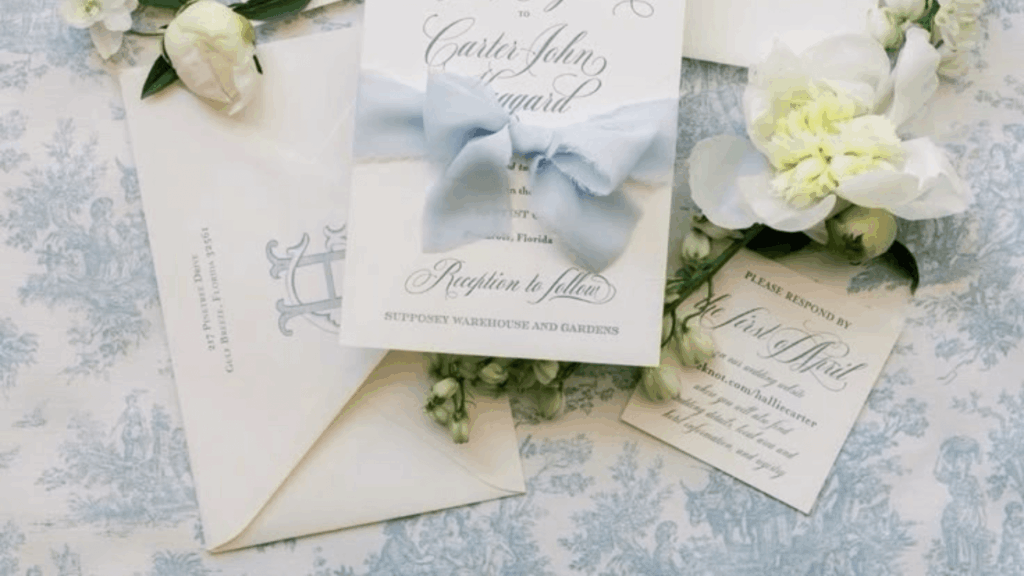 Blue wedding invitation suite inspired by the Bridgerton wedding aesthetic, featuring soft pastels and romantic details tied to 2026 wedding trends.