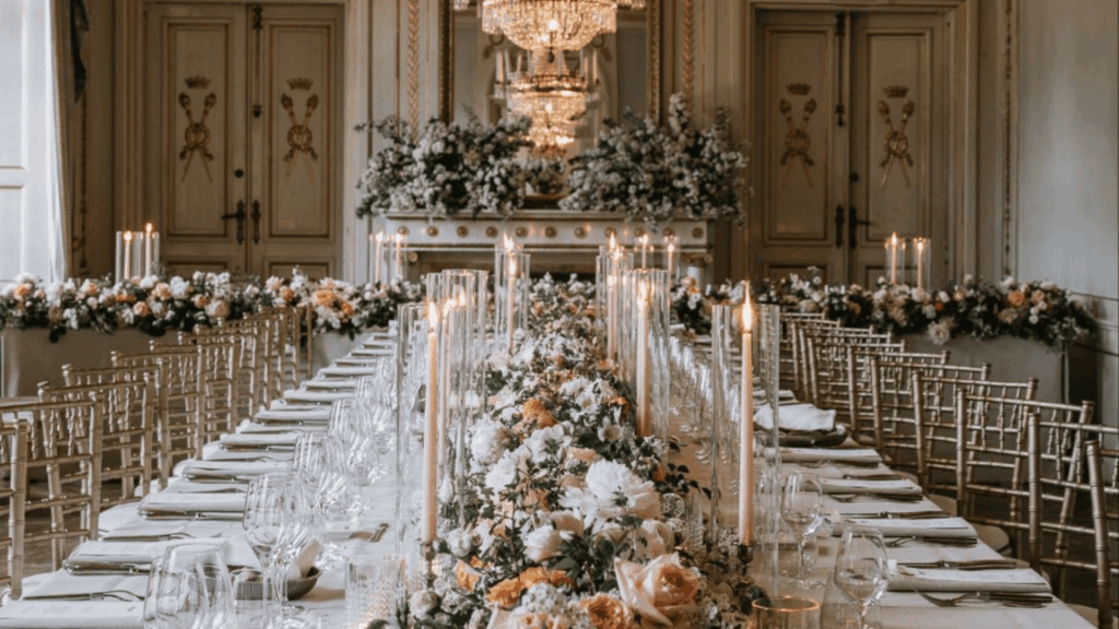 Gilded Age wedding reception with ornate chandeliers, candlelit tables, and grand florals, reflecting theatrical luxury wedding trends for 2026.