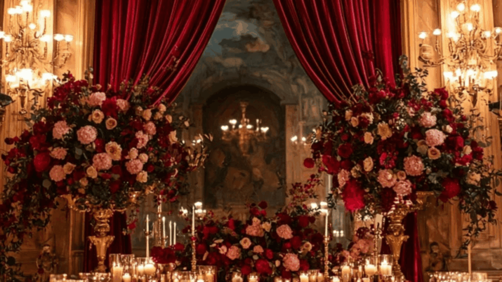 Gothic romantic wedding ceremony with deep red florals, dramatic draping, and candlelight, reflecting moody and emotional 2026 wedding trends.