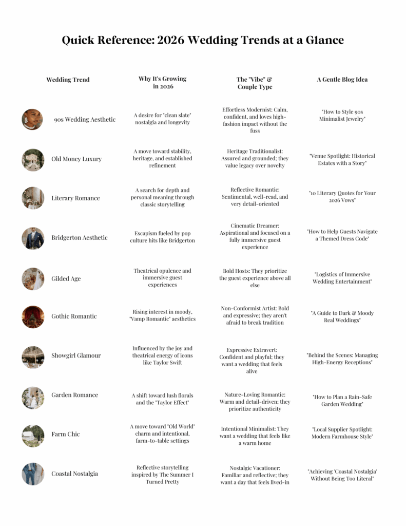 Quick reference chart showing 2026 wedding trends, including coastal nostalgia, showgirl glamour, garden romance, farm chic, old money luxury, and modern minimalist wedding styles.