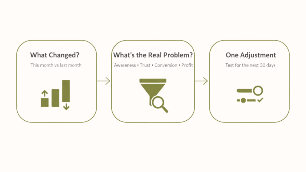 Monthly KPI decision framework showing what changed, the real problem, and one adjustment to test