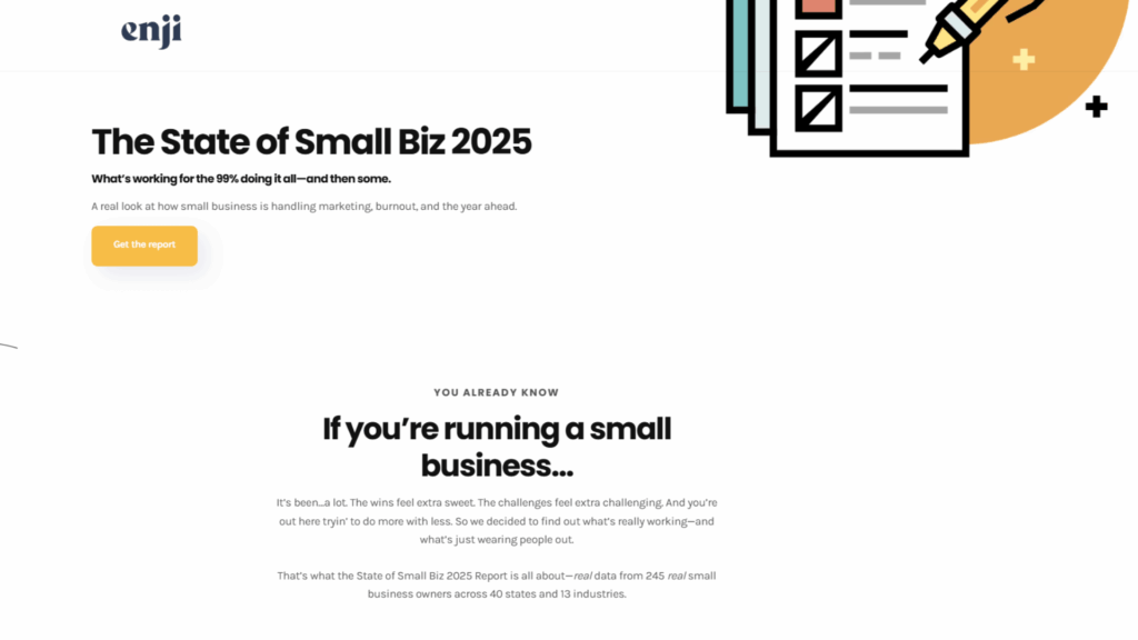 Enji’s State of Small Business Marketing Report 2025 page highlighting trends in marketing, burnout, and small business strategy.