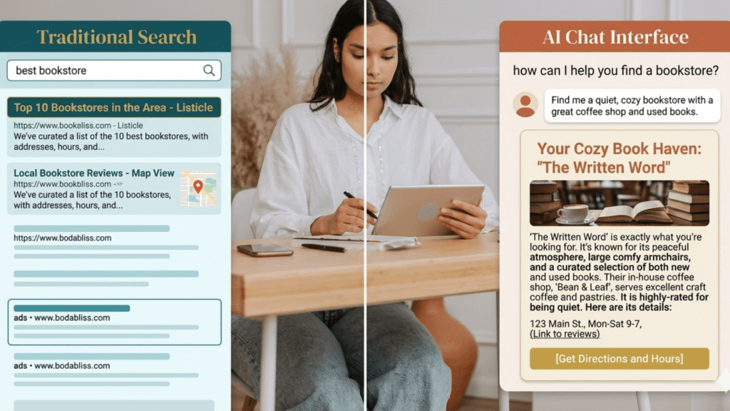 Side by side comparison of traditional Google search results and an AI chat interface showing how AI search visibility works for small businesses