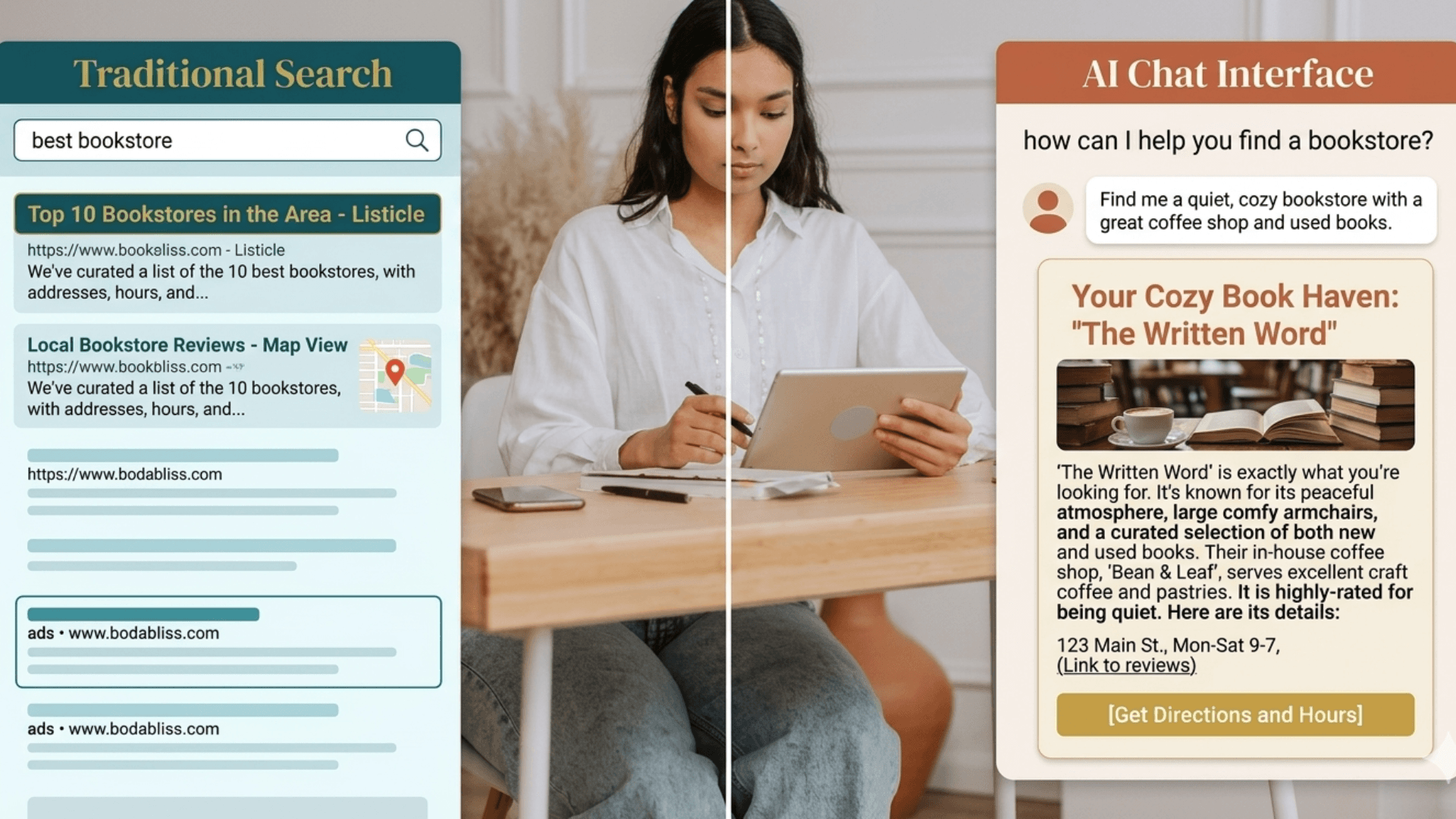 Side by side comparison of traditional Google search results and an AI chat interface showing how AI search visibility works for small businesses