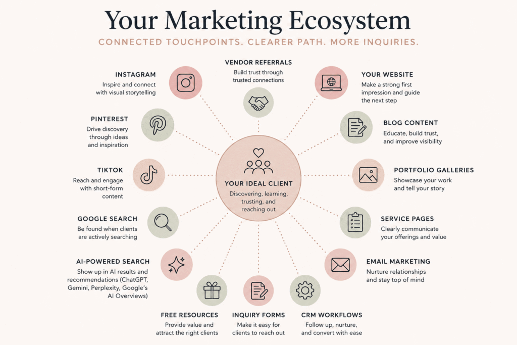 Marketing ecosystem diagram showing marketing visibility touchpoints including social media, AI search, website, email marketing, referrals, and CRM workflows.