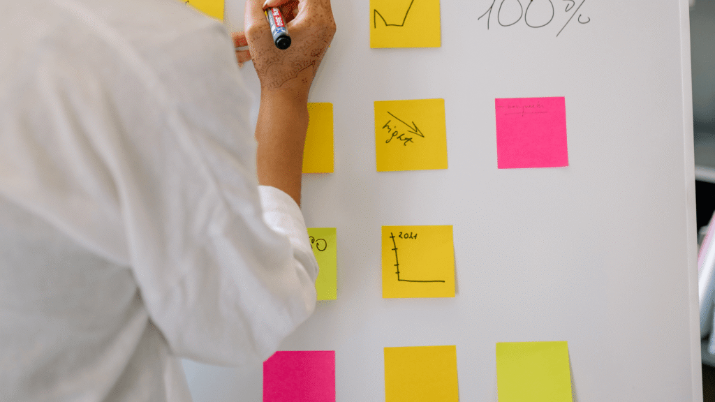 Business owner mapping a marketing ecosystem with sticky notes to identify visibility and inquiry gaps.