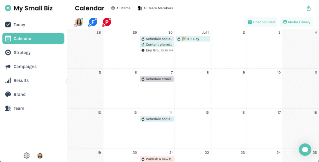 Enji marketing project management calendar helping small business owners organize content, campaigns, and AI search visibility tasks.