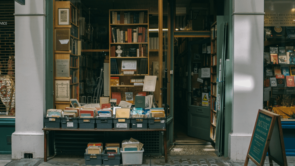 Front entrance of an independent bookshop representing small businesses that need AI search visibility to get discovered by local customers