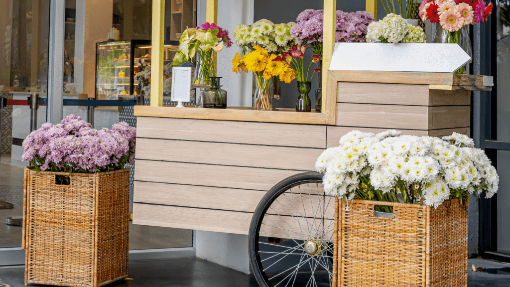 Local flower shop with fresh floral arrangements and storefront display