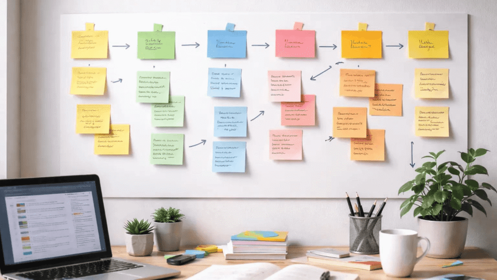 Customer email journey mapped with sticky notes to plan each stage of the subscriber experience.