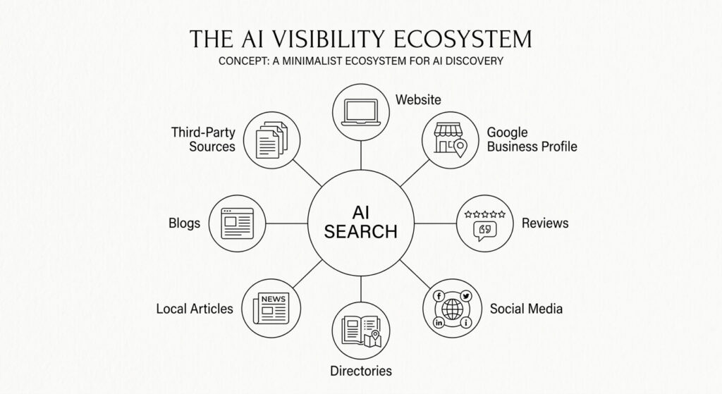 AI visibility ecosystem graphic showing how AI search can use information from a website, Google Business Profile, reviews, directories, social media, local articles, blogs, and third-party sources.