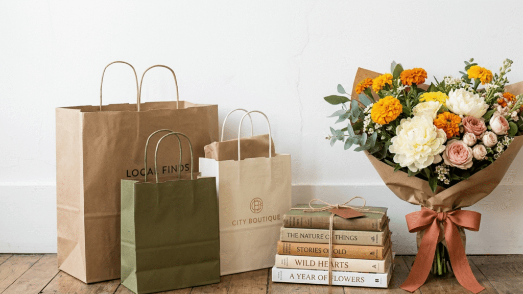 Stack of books with local shopping bags and a bouquet of flowers