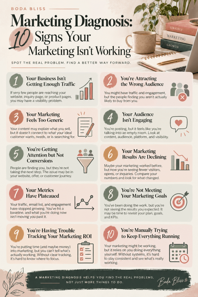Infographic showing 10 signs your marketing isn't working, including low traffic, poor conversions, declining results, unclear ROI, and manual processes..