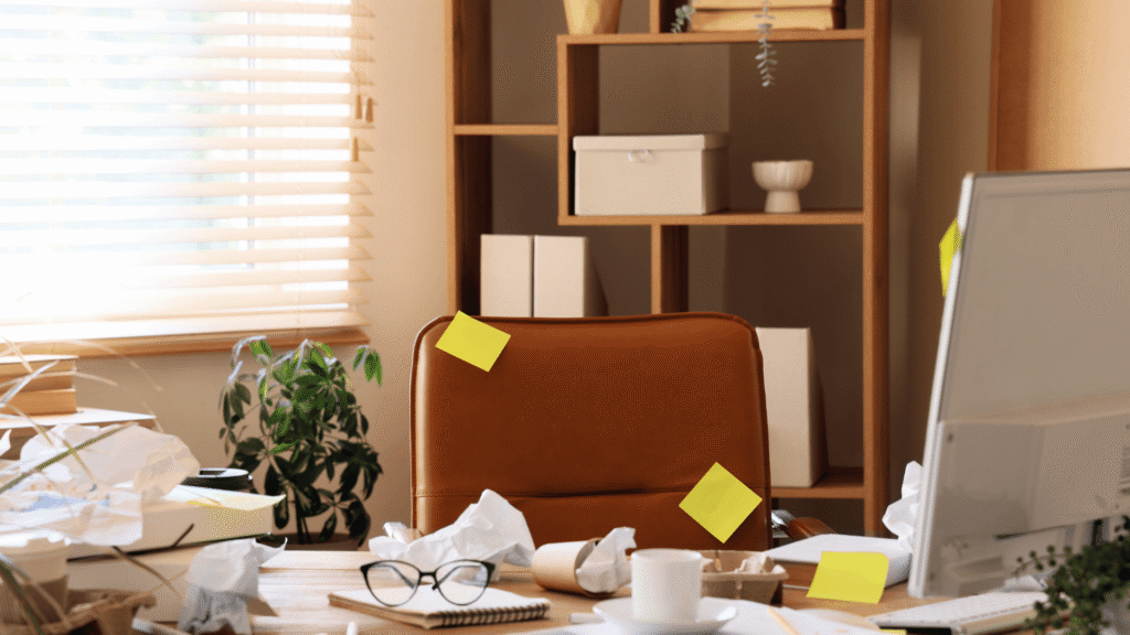 Messy workspace representing marketing overwhelm and an unsustainable marketing system